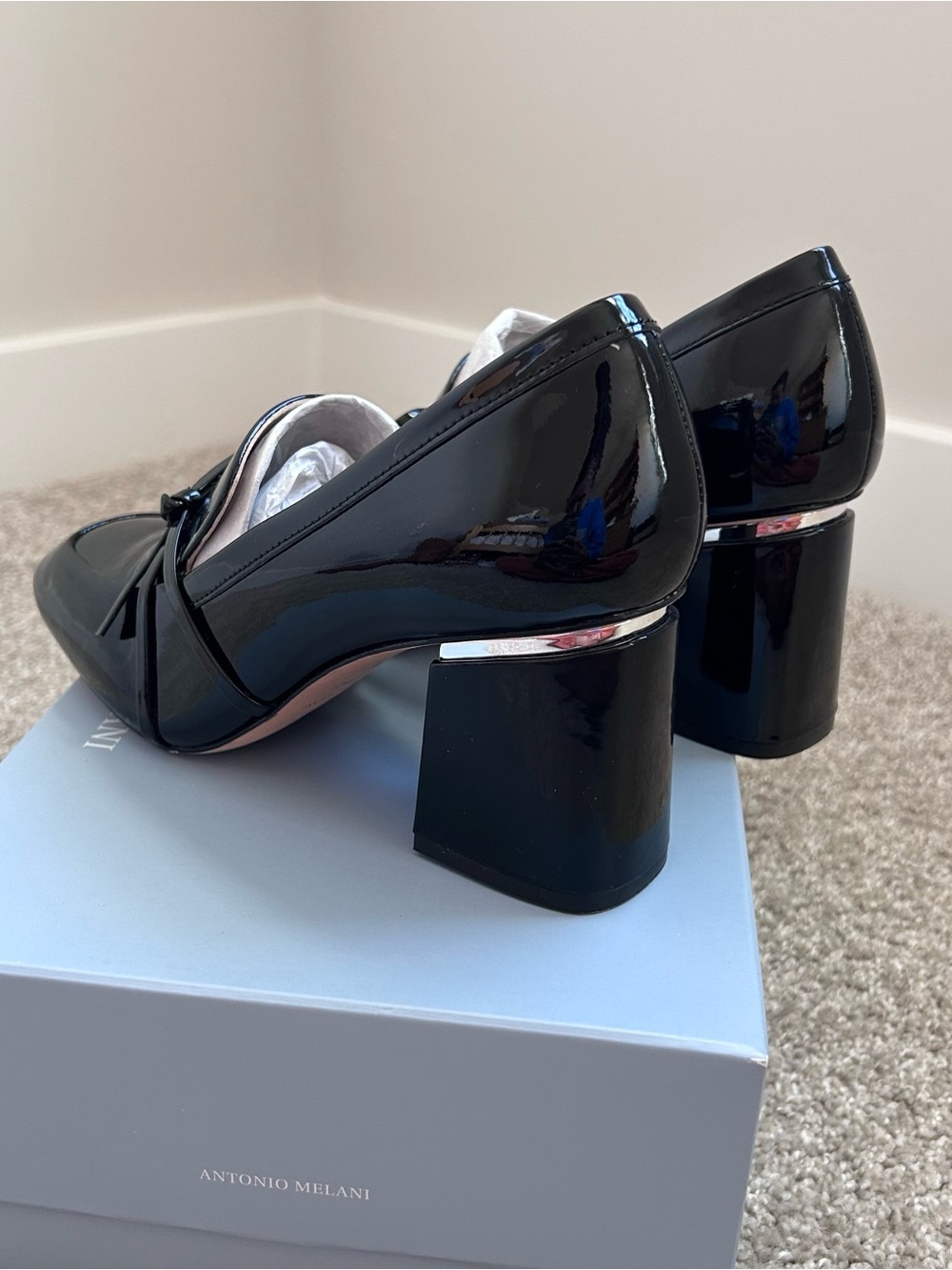 Antonio Melani Ahmber Black Patent Leather Block Heel Loafer Pumps Size 8M - Picture 3 of 13